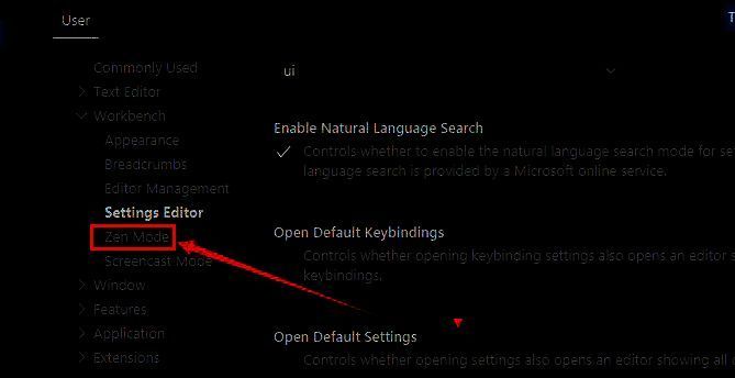 Vscode Zen Mode选项界面