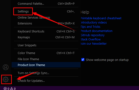 点击 Vscode 设置图标后选择设置的界面图片