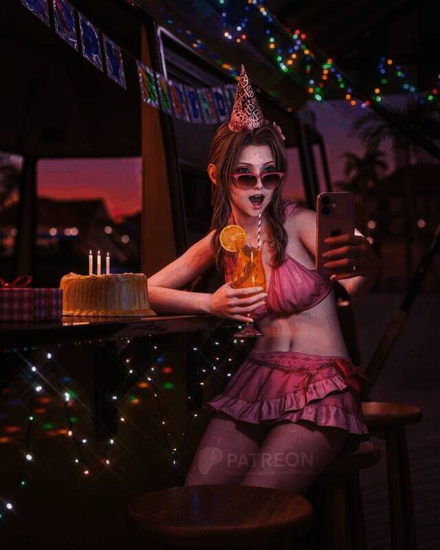 爱丽丝生日贺图,爱丽丝身穿粉色泳衣戴生日帽