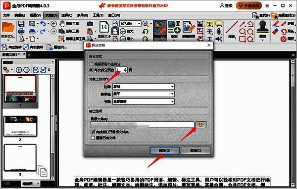 金舟PDF编辑器拆分文档设置界面