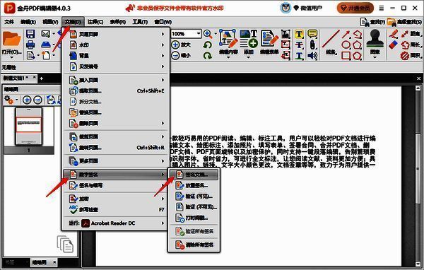 点击签名文档选项界面
