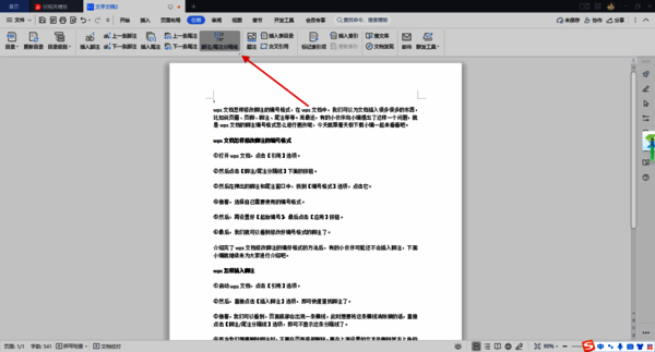 点击脚注尾注分隔线按钮的界面图片