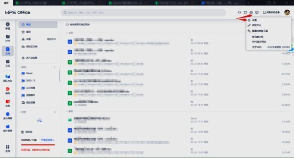 WPS首页右上角小齿轮按钮及设置选项