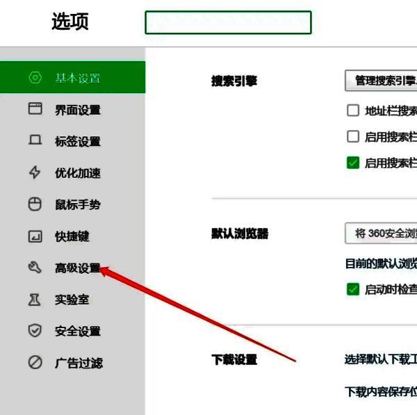 360浏览器高级设置页面截图