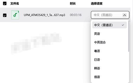 选择语言类型并开始转文字的界面图