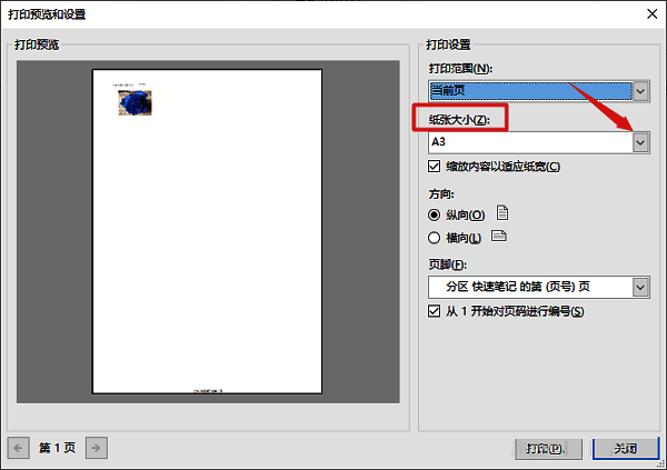 OneNote纸张大小下拉菜单界面图片