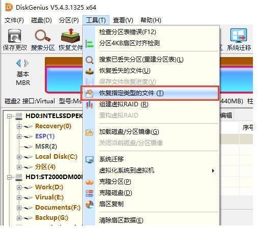 选择恢复指定类型文件的操作界面