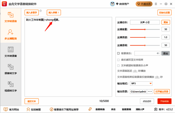 金舟文字语音转换软件多音字读音插入示例图