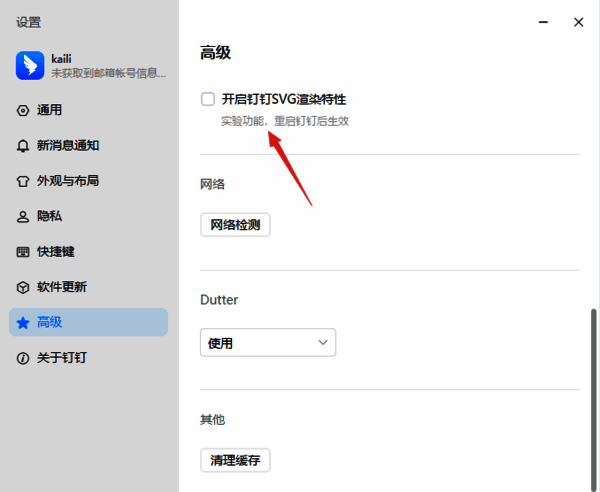 勾选开启钉钉SVG渲染特性界面
