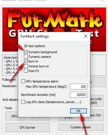 FurMark设置界面勾选相关选项