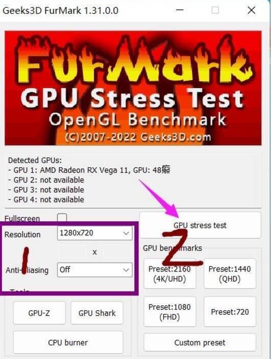 FurMark点击GPU stress test及GO按钮界面