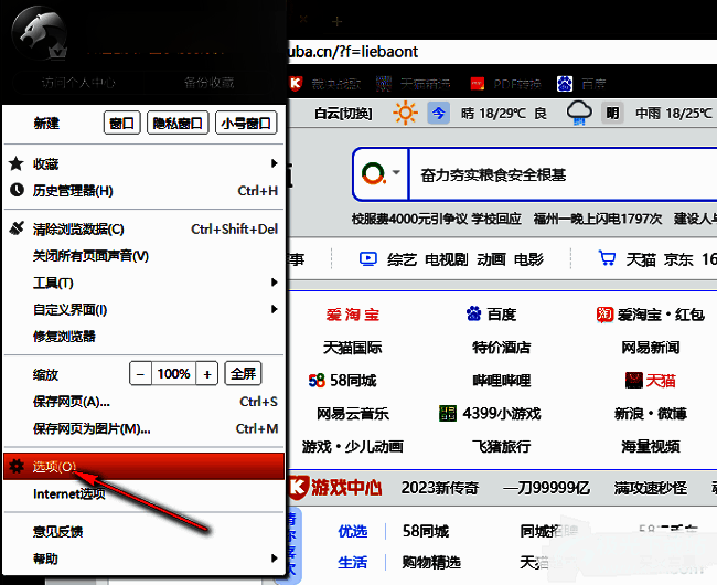 点击猎豹浏览器选项界面图