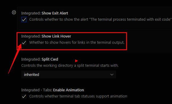 vscode 取消 Show Link Hover 勾选框界面图片