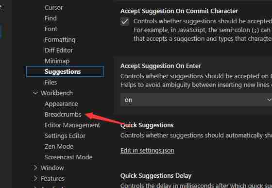 点击Breadcrumbs选项界面