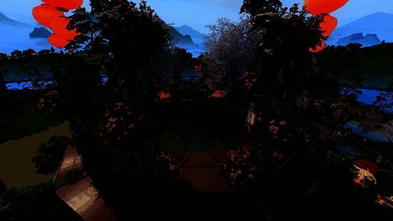 浮岛露台景观,有小木桌和花木