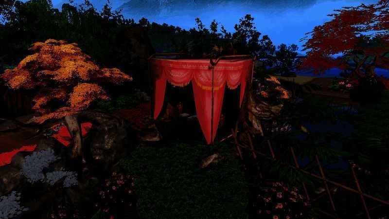 另一处浮岛景观,木架、白樱树和草坪