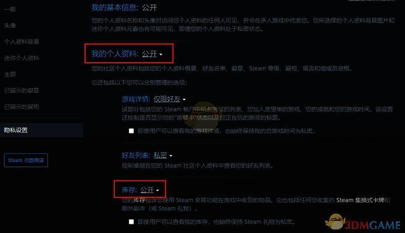 Steam隐私设置公开个人资料和库存操作示例图