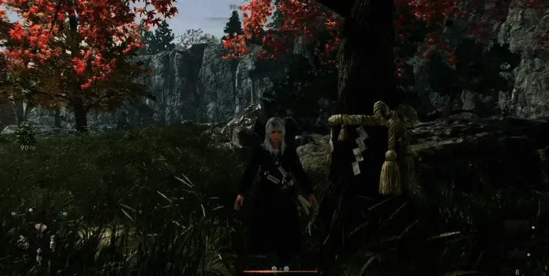 绑着白带的树和洞窟画面