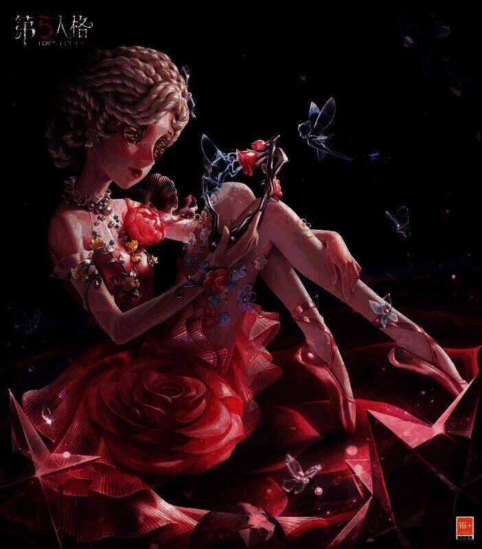 舞女 - 西尔菲德时装海报,她身着粉色舞裙坐在黑暗中,周围有玫瑰涟漪和水晶装饰