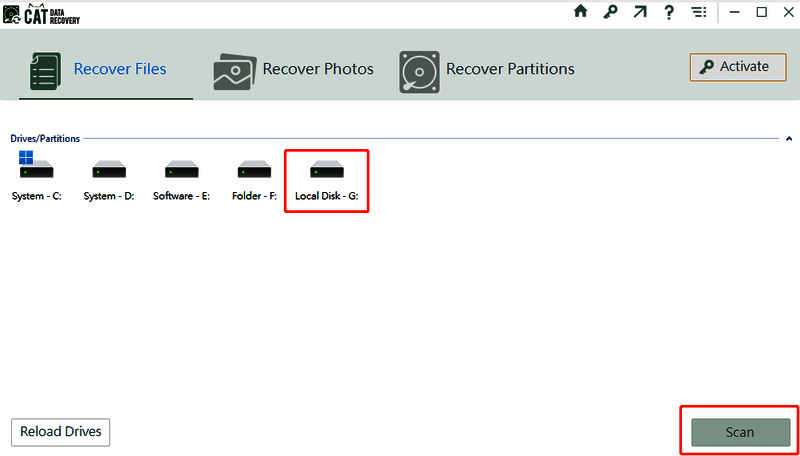 CAT Data Recovery软件选择恢复文件及U盘扫描界面