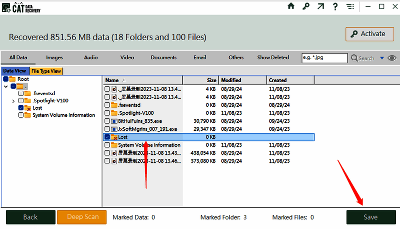 CAT Data Recovery软件深度扫描后界面