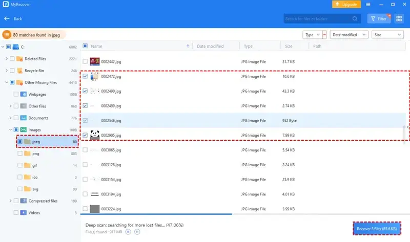 MyRecover软件预览文件使用过滤器界面