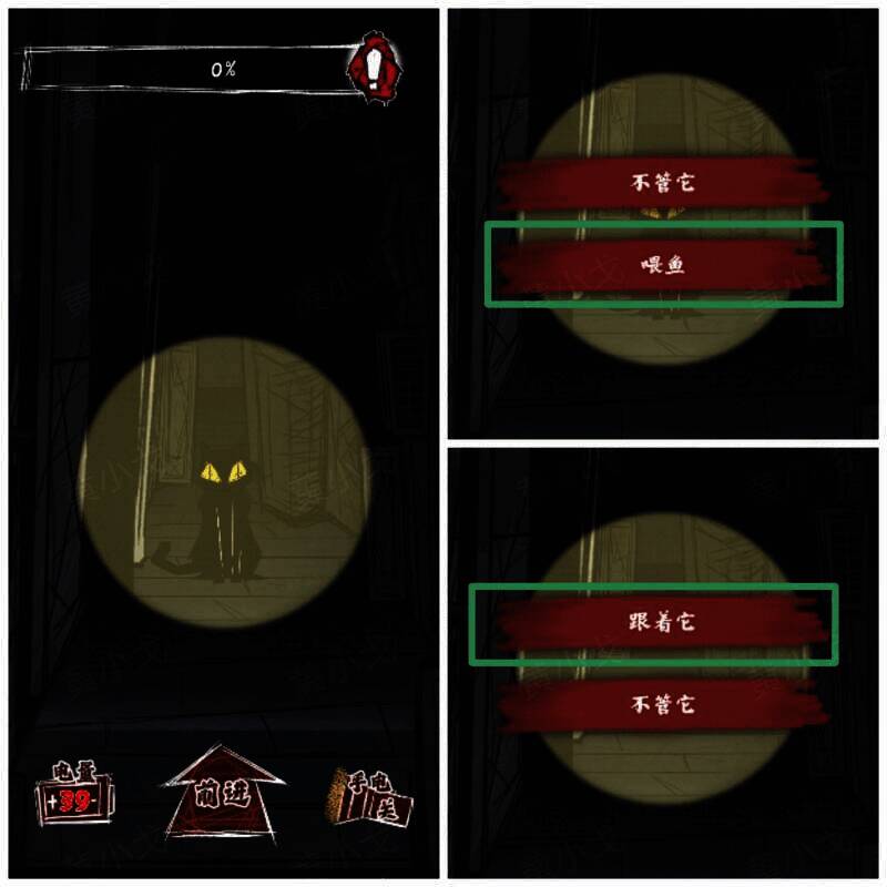 听到猫叫看到猫并选择喂鱼画面