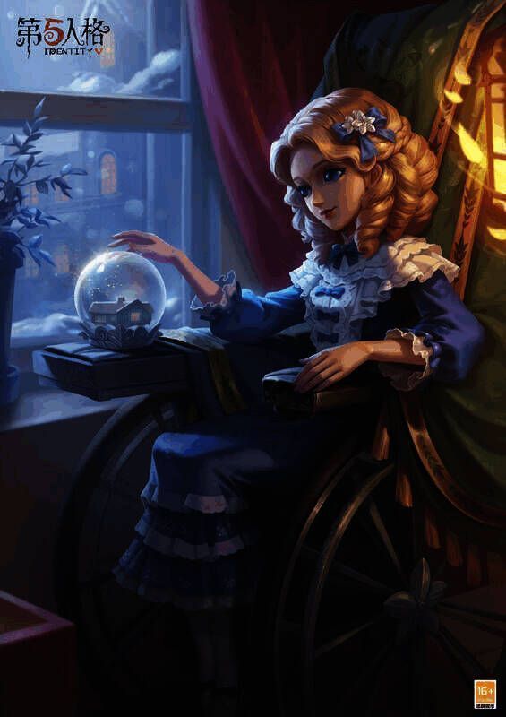 《第五人格》雕刻家 - 克拉拉时装海报，落雪窗前她坐在轮椅前抚摸水晶球