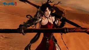 女战狂立于风沙中的动图