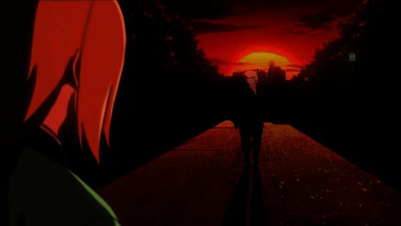 自来也在夕阳下离去的画面