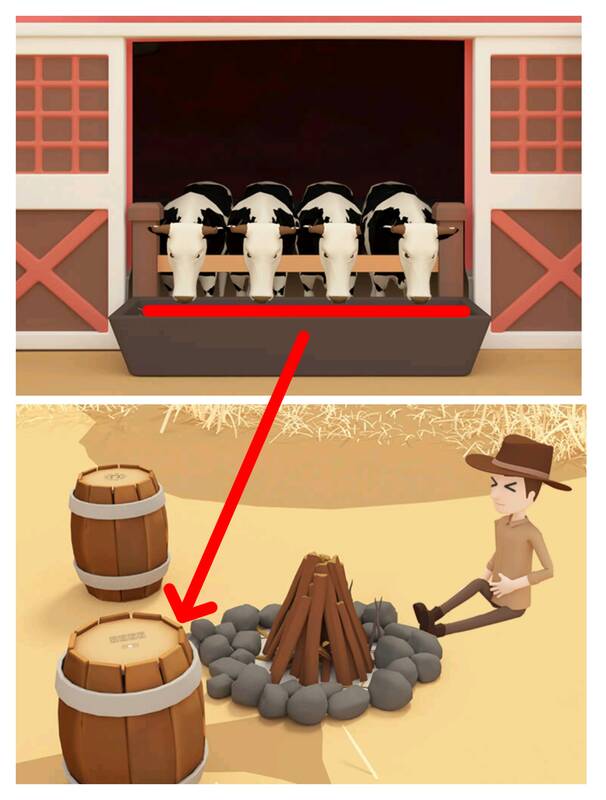 第二个场景长食槽及牛和第三个场景篝火旁左下桶