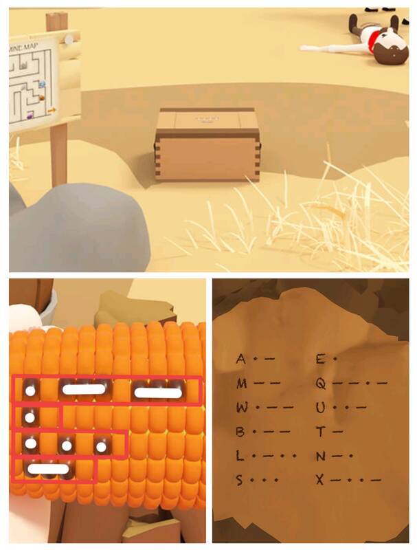 第三个场景篝火旁的人及第四个场景矿洞内右侧墙壁摩斯电码表和矿藏图旁箱子