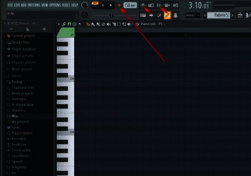 Piano Roll界面录制按钮图