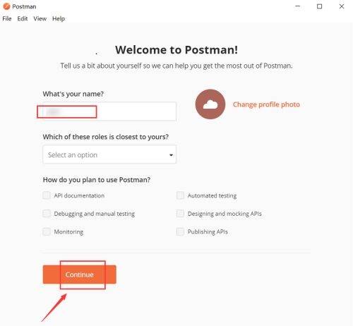 输入姓名并点击Continue按钮界面