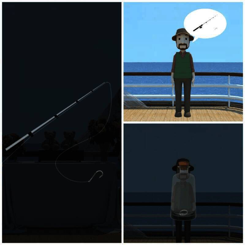 组装鱼竿给绿衣人得玻璃瓶