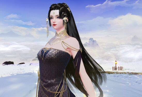 武运女脸模搭配黑色长裙在雪地舞剑图