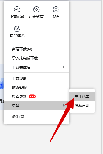 更多弹窗中选择关于迅雷界面