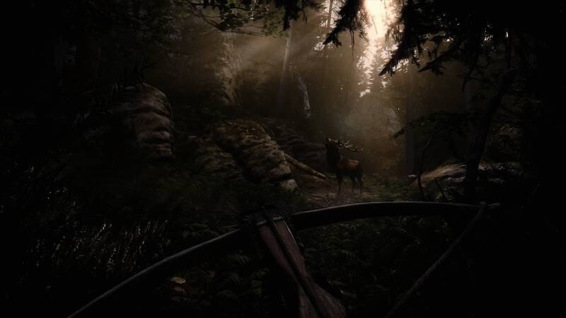 《天国:拯救2》主角狩猎截图,有茂密森林、持十字弓主角和即将被射杀的鹿