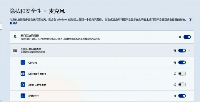 系统隐私和安全性中麦克风设置图片