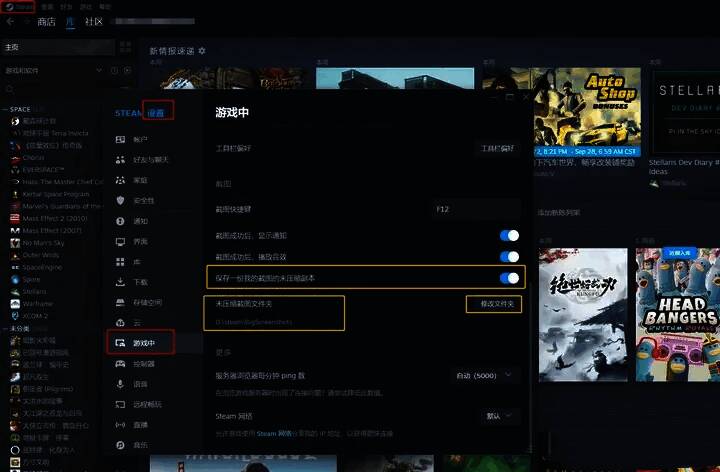 Steam设置截图相关界面