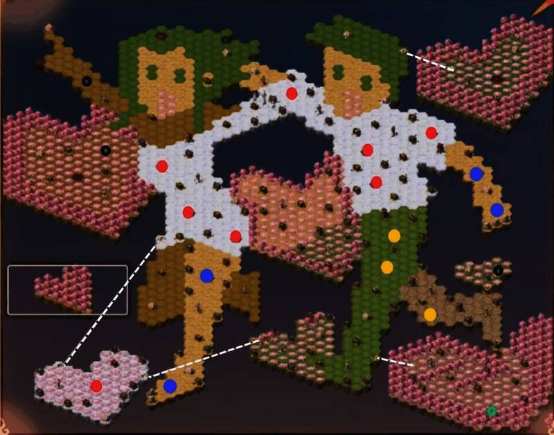 忍界远征完整地图，红色圆圈为远征主题徽章，蓝色为晓主题徽章，黄色为木叶主题徽章