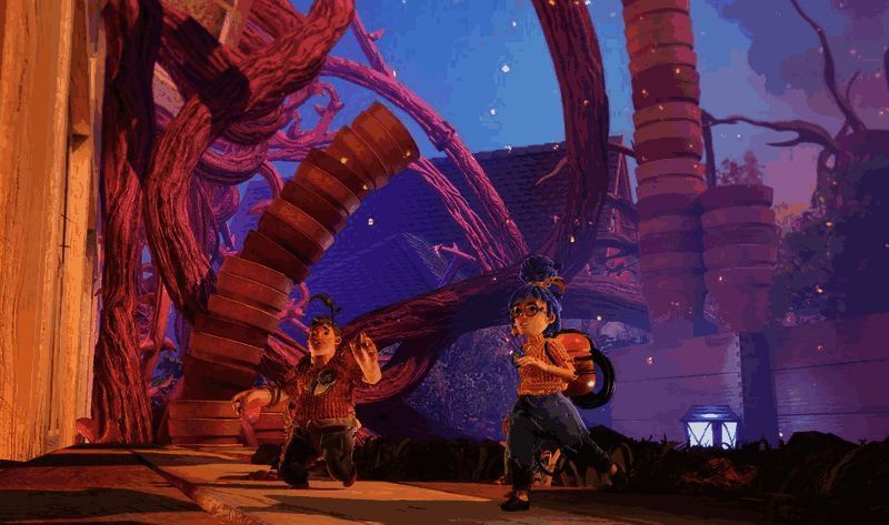 《双人成行》游戏画面，两位角色在奇幻世界中并肩作战