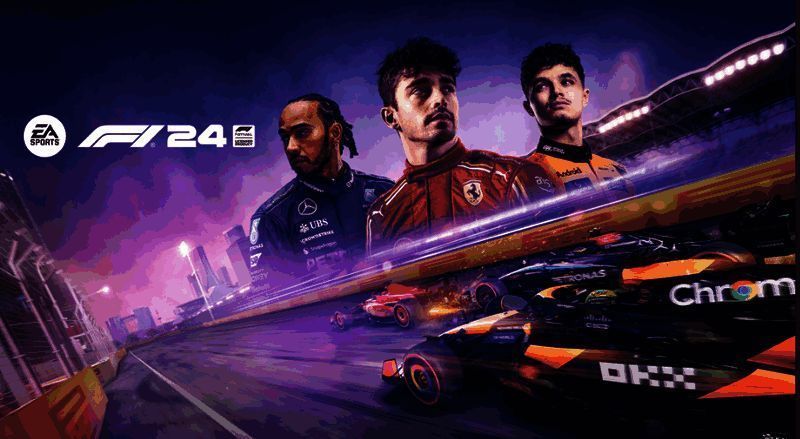 《F1 24》游戏画面，赛车在赛道上疾驰而过