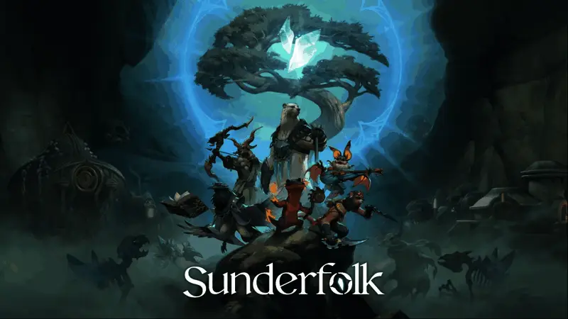 《Sunderfolk》游戏画面展示四位角色在地下城中战斗的场景,背景神秘且充满奇幻色彩