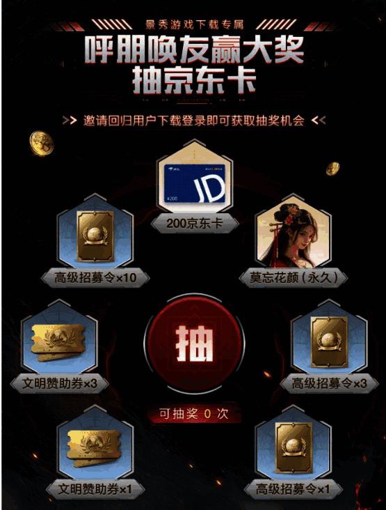 邀请好友界面展示多重奖励,包括京东卡、招募令及永久皮肤等豪华礼品