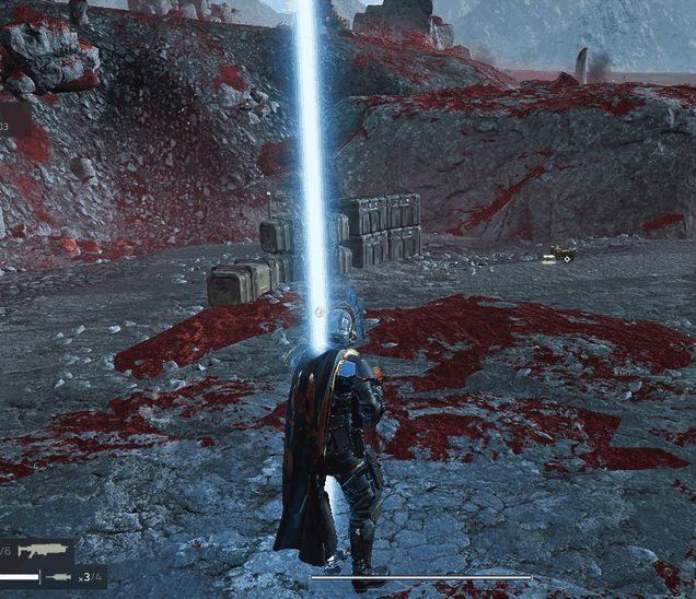 角色被支援武器击中瞬间的特效画面，血量归零提示死亡