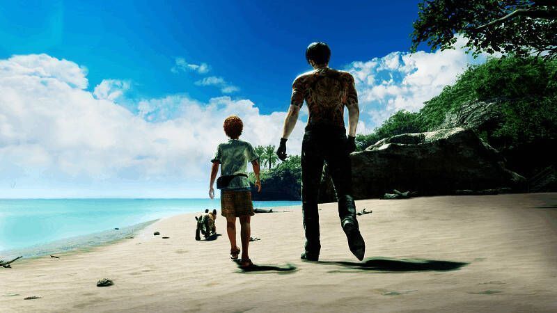 真岛与诺亚在海边对话，远处是即将启航的海盗船