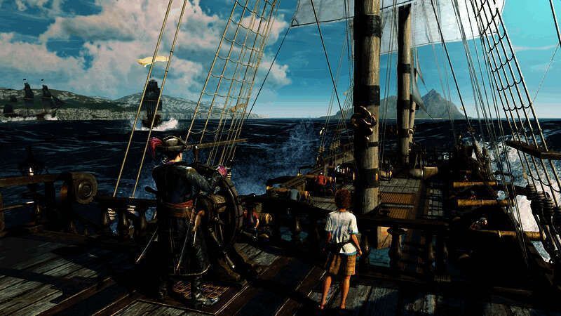 海盗船之间激烈的炮击战场景，火光四射，海浪翻腾