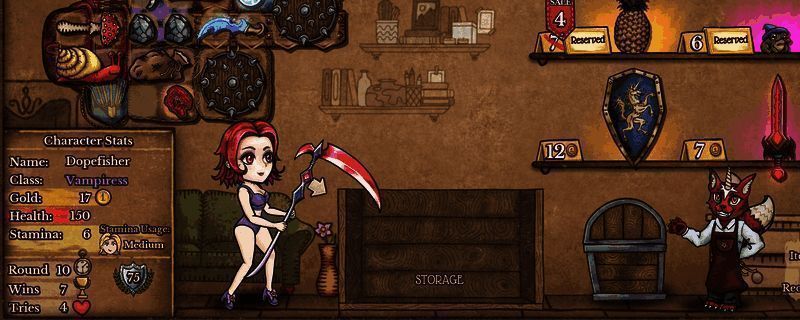 《背包乱斗：福西法的宝藏》游戏中收割者职业战斗画面，角色手持毒属性武器，周围环绕各类道具图标