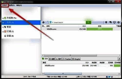 文件菜单展开图示,包含添加设备、打开种子等选项